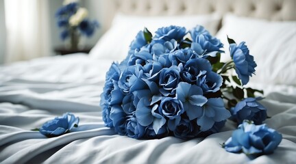 Bouquet of blue flowers on a white bed from Generative AI