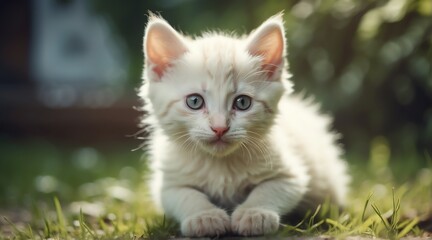 Naklejka na ściany i meble Young cute white kitten playing on the grass from Generative AI