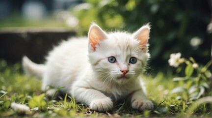 Young cute white kitten playing on the grass from Generative AI