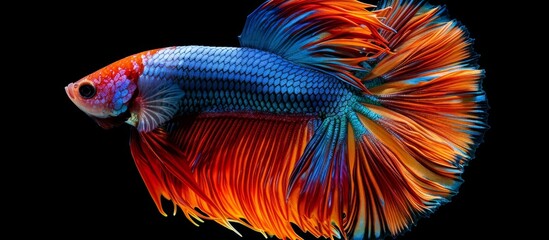 Fototapeta premium Thai betta fish, a visually stunning species known for its vibrant colors and intricate tail, in close-up with a contrasting black backdrop.