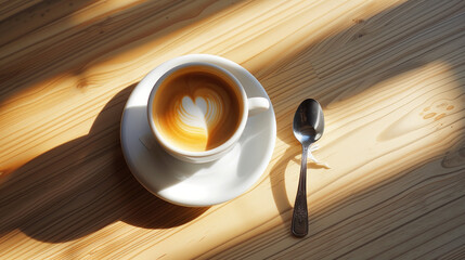 Coffee cup and spoon on wooden table in coffee shop.
