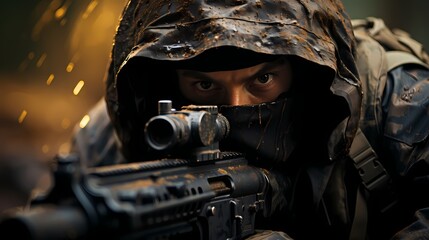 Close-up of a military sniper taking aim from a concealed position, highlighting precision marksmanship