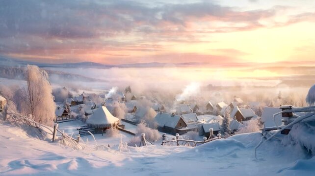 Snowy village atmosphere scene, animated virtual repeating seamless 4k
