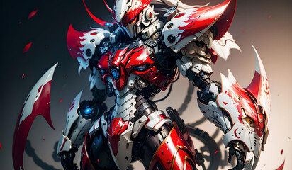 Anime mecha standing facing sideways with a dynamic angle pose, dark background. Cool anime mecha for wallpaper. Futuristic - obrazy, fototapety, plakaty