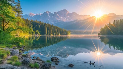 Summer dawn over a lake and mountain range in the background of nature.