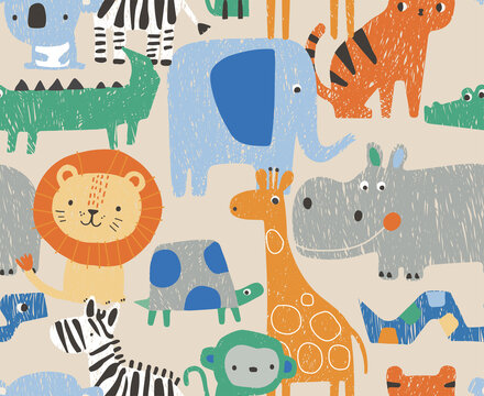set with tropical animals. Creative nursery pencil drawing effect background. Perfect for kids design, fabric, wrapping, wallpaper, textile, apparel