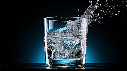 centered glass of water water splash on background, advertising