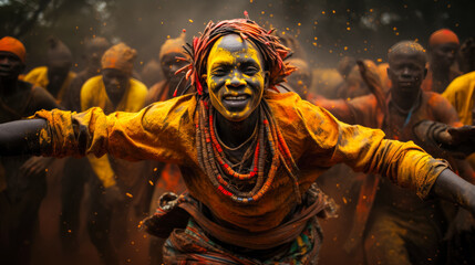 This visual narrative portrays a vibrant tribal festival in Africa. The photograph encapsulates the essence of the celebration--the colorful traditional attire, energetic dances, and communal spirit.  - obrazy, fototapety, plakaty