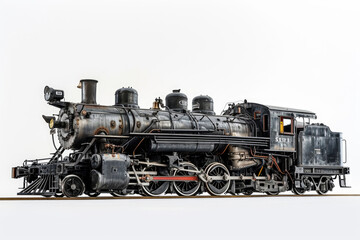 A vintage steam locomotive captured in isolation against a pristine white backdrop