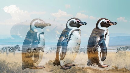 Double exposure of a penguin and African savanna wildlife, world wildlife day concept