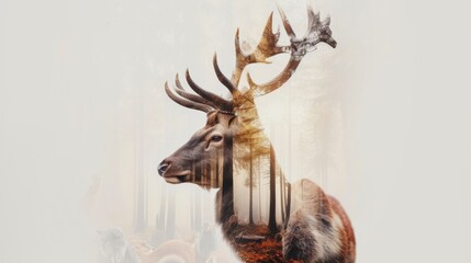Double exposure of a deer in forest scenery, artistic concept, world wildlife day
