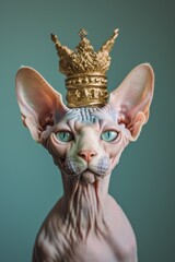 A Sphinx cat with captivating green eyes wears a golden crown, against a simple grey background.