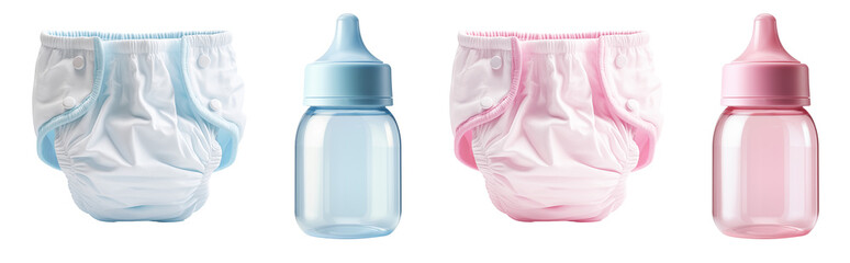 Baby Diapers and Feeding Bottles Isolated on White Background