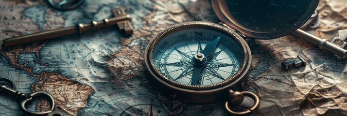 vintage compass and keys on a black and white map, generative AI