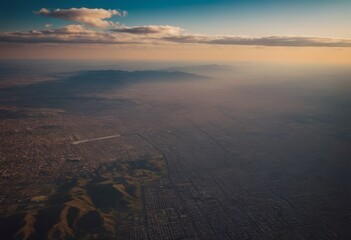 The view from the airplane window to the clouds and sunset. Airplane wing above thick pink and orange clouds. Wonderful breathtaking view.