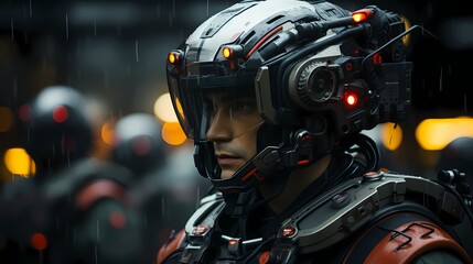Close-up of a soldier wearing futuristic combat armor with integrated technology