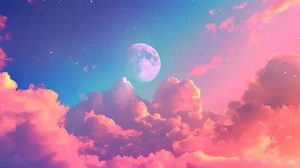 Deurstickers Clouds that are fluffy, stunning colors and the moon, and a modern aesthetic. © xelilinatiq