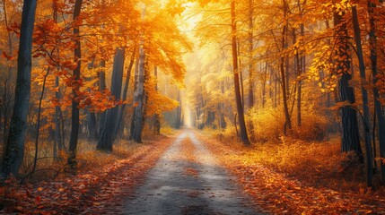 A scene of an autumn woodland with a road covered in falling leaves and golden greenery illuminated by warm light.