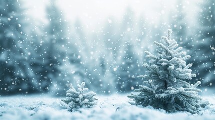 A wintry scene in a snow-covered woodland. Christmas background featuring fir trees and a wintery blurry background. 