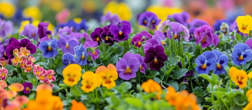Viola spp flowers of varying colors form a pattern in the city park flower bed.