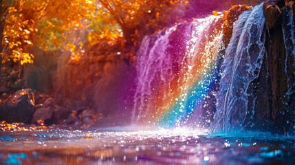 A splash of water from a waterfall catches the sunlight, creating a prismatic display of colors, accentuating the magical fusion of light, liquid, and nature.