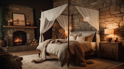a bedroom with a stone fireplace and canopy bed, in the style of romantic atmosphere, moody atmosphere, soft, romantic scenes, gauzy atmospheric landscapes, timber frame construction