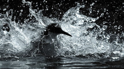 A splash of water creates a dynamic explosion from a diving seabird, capturing the wild beauty and energy of avian life in its natural aquatic habitat