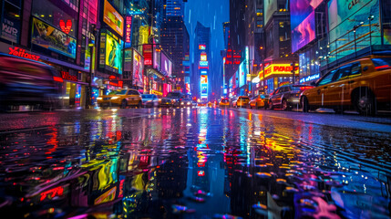 Fototapeta na wymiar A rain shower transforms a city street into a canvas of reflected neon lights, each droplet a miniature prism, adding a surreal, magical dimension to the urban scenery