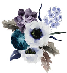 Watercolor Dark Purple White Flower Bouquets Arrangement Illustration