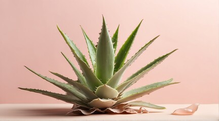 Fototapeta premium Aloe vera leaves on plain pink background from Generative AI