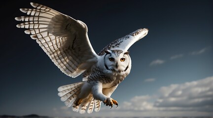 A white owl flying on plain black background from Generative AI - obrazy, fototapety, plakaty