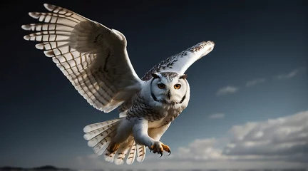 Stoff pro Meter A white owl flying on plain black background from Generative AI © Arceli