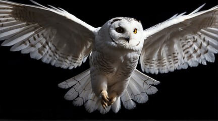 A white owl flying on plain black background from Generative AI