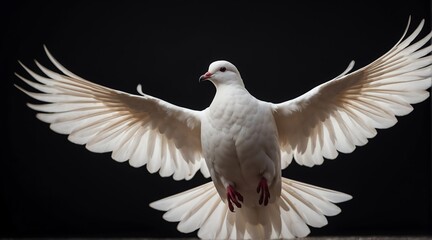 A white dove flying on plain black background from Generative AI