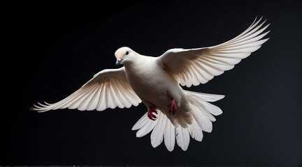 A white dove flying on plain black background from Generative AI