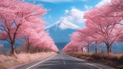 Spring landscape with cherry blossom trees and Fuji mountain