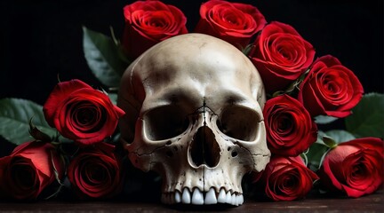 A skull with red roses on plain black background from Generative AI