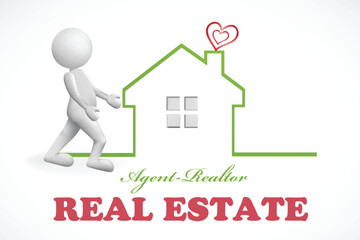 3D white small people showing a modern green ecological house with a love heart. Icon logo banner render creative illustration background template