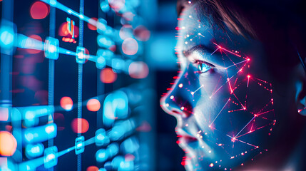 Close-up of a woman with biometric facial recognition graphics overlaying her features, symbolizing advanced technology and security.
