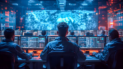 A team of IT professionals monitors data on multiple computer screens in a high-tech control room. - obrazy, fototapety, plakaty