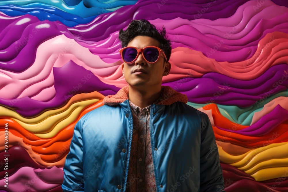Poster man wearing sunglasses in front of colorful wall generative ai
