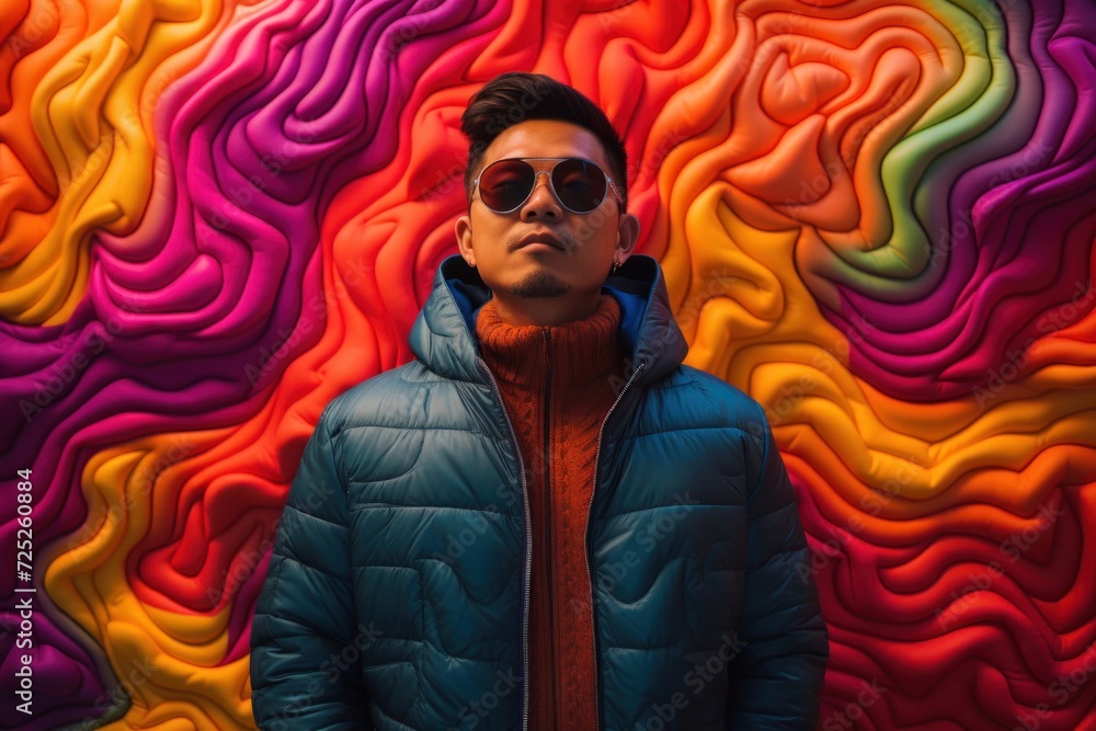 Poster man standing in front of a colorful wall generative ai