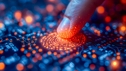 Close-up of a fingertip engaging with a biometric sensor on a glowing cybernetic interface.
.
 - obrazy, fototapety, plakaty