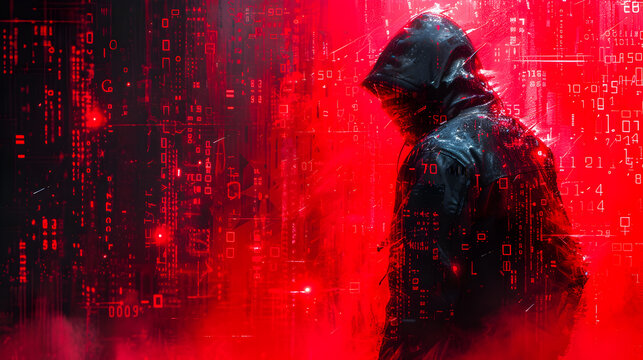 A shadowy figure stands amid a storm of red digital code, evoking themes of cyber security and digital danger.