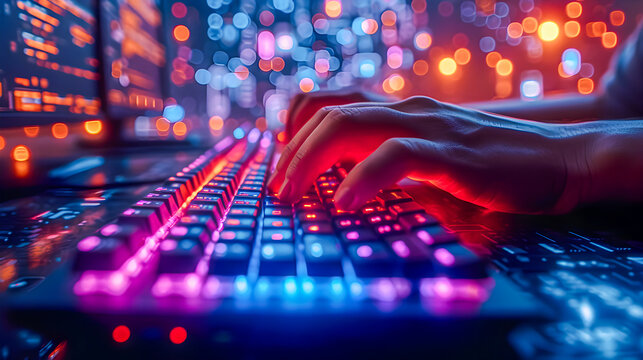 Hands typing on a futuristic neon-lit keyboard symbolizing cybersecurity and modern computing.