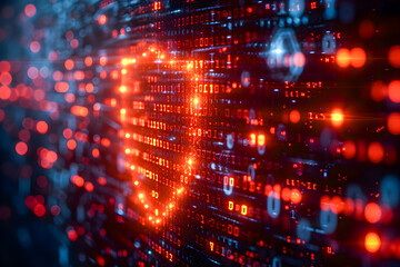 Close-up view of binary code with a digital pattern, illustrating concepts of programming and software development.