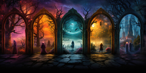 Fantasy enchanted fairy tale forest with magical opening secret doors and mystical shine light. Seven doors.