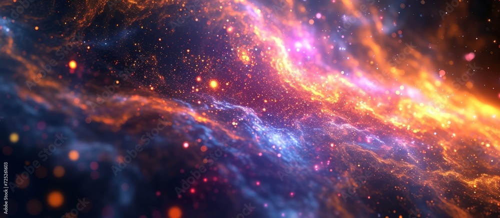 Poster conflict between matter and antimatter in outer space, plus dark matter, dark energy, and a computer
