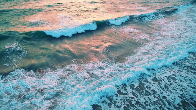 Evening aerial view of blue ocean sea water background. Flow of water under the influence of light. Light waves on a tropical beach. Natural landscape of the tropical ocean. Cruise.