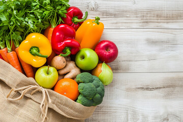 photo top view vegetables and fruits in bag